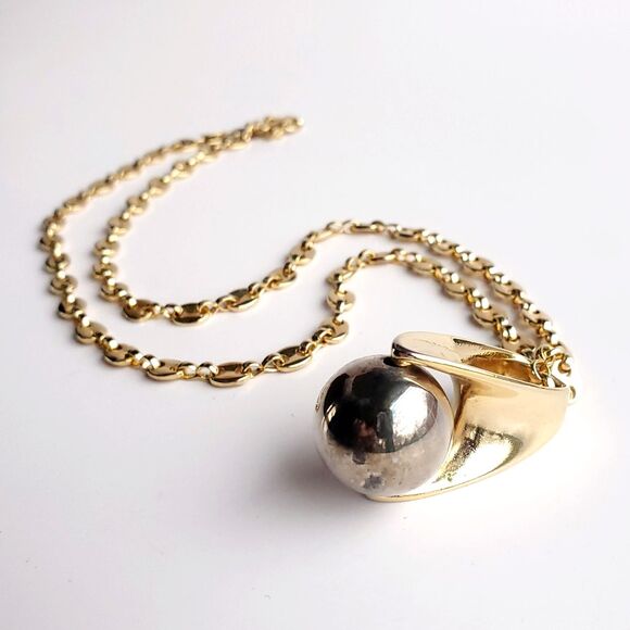 14K Gold Plated Necklace 23" 5mm Puffed Mariner 2 Tone Teardrop Ball Pendant - Picture 1 of 10